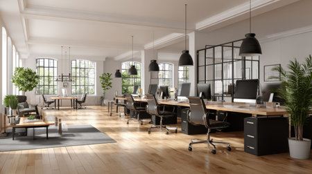 A spacious and bright open office environment featuring modern furniture, large windows, and indoor plants, promoting a productive workspace atmosphere.の素材