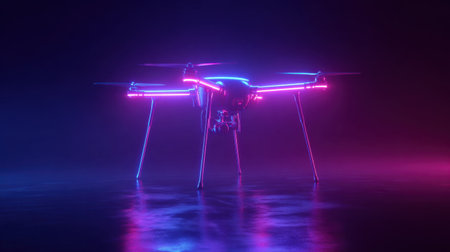 A striking image of a futuristic drone illuminated by vibrant neon lights. The sleek design and dark background create a captivating atmosphere for technology enthusiasts.の素材