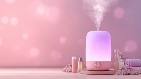 A beautiful pink aromatherapy diffuser releases steam and light, surrounded by calming accessories on a wooden surface, creating a serene atmosphere.の素材