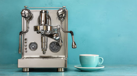 This image showcases a sleek espresso machine next to a light blue cup, set against a vibrant teal backdrop, perfect for coffee lovers.の素材