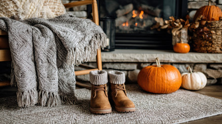 Embrace the warmth of autumn with this cozy scene featuring stylish boots, a soft blanket, and vibrant pumpkins by a crackling fireplace. Perfect for seasonal decor ideas, this image captures the essence of comfort and relaxation in a rustic home setting.の素材