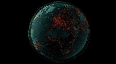 This abstract illustration features a globe displaying intricate lines representing global connectivity, highlighting cities and regions against a dark background.の素材