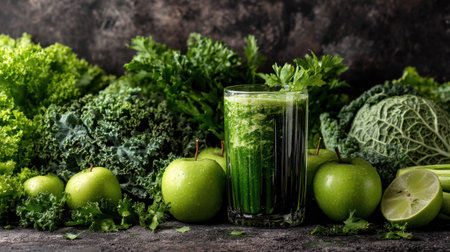 A vibrant glass of fresh green juice sits amid leafy greens and green apples on a dark background. Perfect for healthy lifestyles and nutrition.の素材