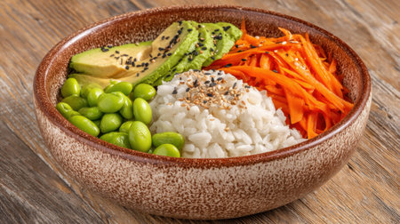 A delightful and vibrant bowl featuring rice, creamy avocado, crunchy carrots, and protein-packed edamame, garnished with sesame seeds, perfect for a nutritious meal.の素材