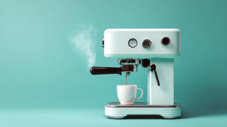 A stylish retro coffee machine captures the essence of coffee culture, brewing fresh espresso with steam rising gracefully against a mint green backdrop.の素材