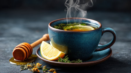 A steaming cup of herbal tea adorned with a lemon slice and honey, set against a rustic dark background. Perfect for wellness and relaxation imagery.の素材