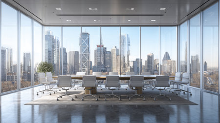 A spacious and modern conference room featuring a large table and comfortable chairs, overlooking a stunning city skyline through floor-to-ceiling windows.の素材