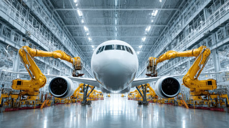 A modern aircraft manufacturing facility showcasing advanced robotics with automated arms working on a large airplane. The scene emphasizes innovation and efficiency in the production process.の素材