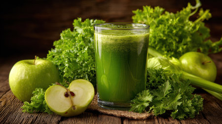 A vibrant glass of fresh green juice showcases healthy ingredients such as apples, celery, and kale, emphasizing nutrition and wellness. Perfect for health enthusiasts.の素材