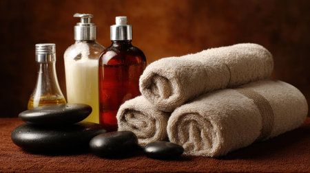 This image depicts essential spa items including soft towels, aromatic oils, and smooth stones, creating a serene atmosphere for relaxation and wellness.の素材