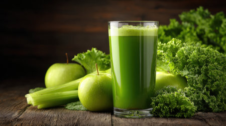 A vibrant glass of fresh green juice is placed on a rustic wooden table, surrounded by green apples, celery, and leafy greens, emphasizing healthy living.の素材