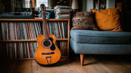 A cozy living room scene featuring an acoustic guitar next to a stack of vinyl records, set against a stylish couch and warm lighting, creating a relaxed atmosphere.の素材