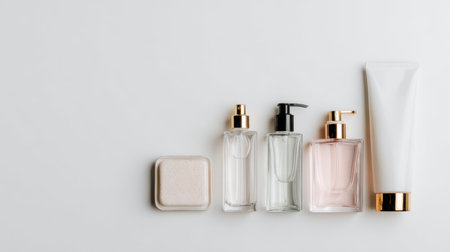 A visually appealing arrangement of cosmetic bottles and a soap bar on a pristine white background, ideal for beauty and skincare marketing campaigns.の素材