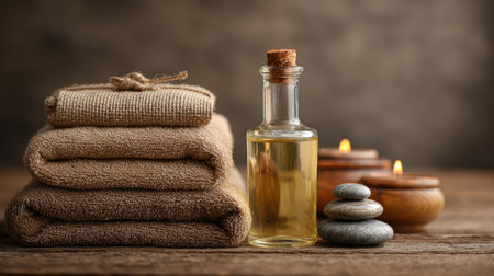 Discover a serene spa scene featuring stacked towels, a bottle of essential oil, smooth stones, and soft candlelight, creating a peaceful atmosphere for relaxation and wellness.の素材