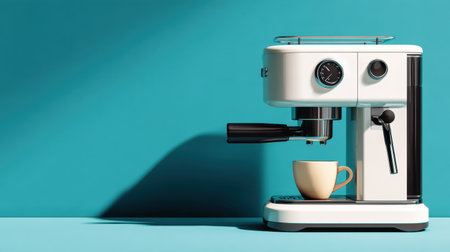This striking image features a sleek modern espresso machine positioned against a vibrant turquoise background, highlighting a freshly brewed cup of coffee.の素材