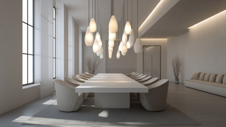 A sleek and modern conference room featuring a large white table, comfortable chairs, and stylish hanging lighting. The minimalistic design creates a professional and inviting atmosphere perfect for meetings.の素材
