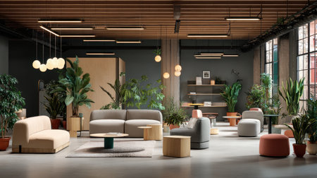 This modern interior showcases a stylish living space adorned with lush green plants and elegant furniture, creating a cozy and inviting atmosphere perfect for relaxation.の素材