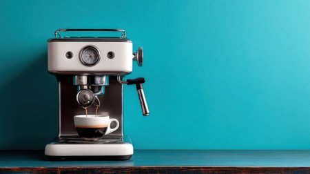 This image captures a modern espresso machine, showcasing the brewing process with rich coffee in a cup. The vibrant blue background enhances the inviting atmosphere.の素材