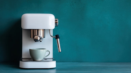 A sleek espresso machine stands prominently on a blue background, accompanied by a light green cup. Ideal for coffee lovers, this image captures the perfect brewing moment.の素材