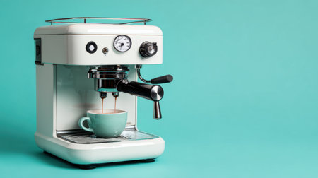 A modern espresso machine captures the art of coffee making, brewing a rich beverage into a pastel blue cup. Perfect for kitchen dの素材