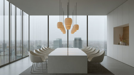 Spacious modern conference room featuring a long table, sleek chairs, and unique hanging lights with a stunning city view, ideal for professional gatherings.の素材