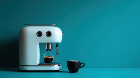 A vibrant pastel blue espresso machine is featured against a turquoise backdrop, highlighting a fresh brewed coffee cup ready for enjoyment.の素材