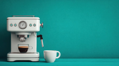 A sleek espresso machine stands proudly on a turquoise countertop, accompanied by a simple white cup filled with freshly brewed coffee. Ideal for kitchen decor.の素材