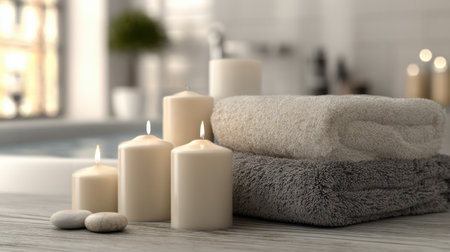 Create a serene atmosphere with this cozy spa setting featuring soft towels, lit candles, and a tranquil bath. Ideal for relaxation and self-care.の素材