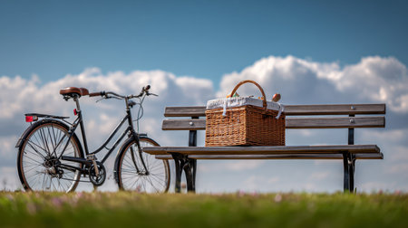 A charming scene featuring a vintage bicycle parked next to a picnic basket on a bench, set against a vibrant blue sky and fluffy clouds, ideal for relaxation.の素材
