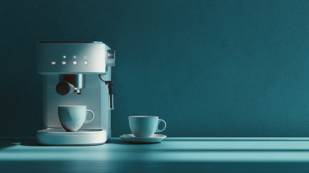 A sleek modern espresso machine sits on a minimalist countertop, accompanied by two elegant white cups, creating a serene coffee moment in soft lighting.の素材