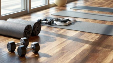 A well-lit gym setting featuring dumbbells and exercise mats neatly arranged on a wooden floor, ideal for fitness sessions and workouts.の素材