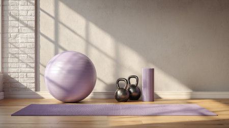 A tranquil indoor workout environment featuring a yoga mat, exercise ball, kettlebells, and natural light creating a peaceful atmosphere for fitness activities.の素材