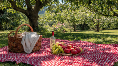 Enjoy a delightful outdoor picnic featuring a basket filled with fresh apples and grapes, complemented by a bottle of wine on a picturesque sunny day.の素材