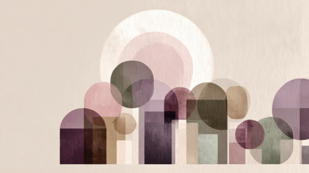 This abstract artwork features a serene landscape composed of geometric shapes, including soft curves and pastel colors, evoking a tranquil atmosphere.の素材