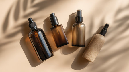 A serene composition featuring dark glass bottles with sprays, ideal for wellness and beauty products. Soft shadows enhance the elegant presentation.の素材