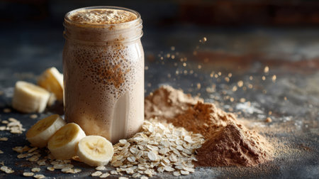 A delicious chocolate banana smoothie served in a jar surrounded by oats, cocoa powder, and fresh banana slices on a rustic table setting.の素材