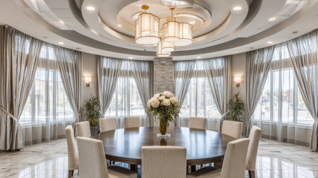 This image showcases a sophisticated meeting room featuring a circular wooden table surrounded by elegant chairs, complemented by modern lighting and floral arrangements.の素材