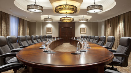 This image showcases a modern conference room designed for corporate meetings and discussions, featuring elegant decor, a large round table, leather chairs, and ambient lighting. Ideal for business presentations and strategic planning sessions.の素材