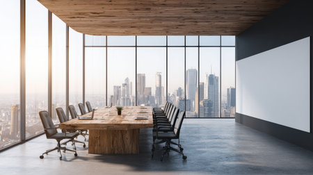 This modern conference room features large windows showcasing an urban skyline at sunset. The spacious design includes a wooden table and elegant chairs, perfect for professional meetings.の素材