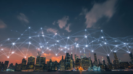 A stunning view of a modern city skyline illuminated in twilight, showcasing a digital network connecting buildings against a vibrant evening sky.の素材