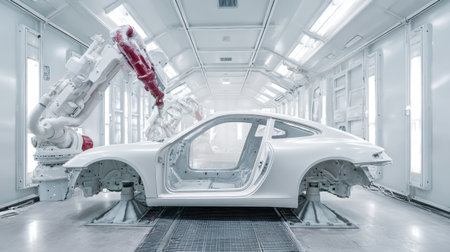 A white car body stands within a high-tech robotic painting facility, highlighting the advanced automation involved in modern automotive manufacturing.の素材