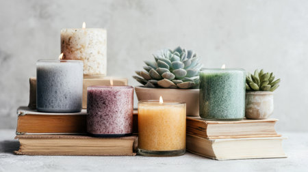 This serene composition features beautifully arranged scented candles on stacked books, accompanied by succulent plants, creating a cozy and tranquil home atmosphere.の素材