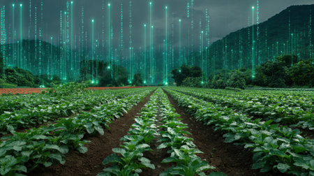 A captivating image showing a farm landscape with lush green plants and mountains in the background, enhanced with digital binary code, symbolizing innovation in agriculture.の素材