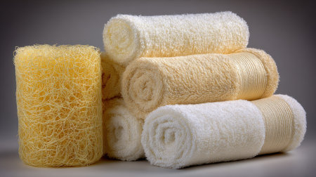 A collection of soft, absorbent towels alongside a natural loofah, perfect for spa treatments or bathroom essentials, promoting cleanliness and relaxation.の素材