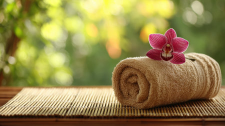 This image features a soft towel elegantly rolled with a vibrant pink orchid placed on a bamboo mat. It captures a serene and peaceful atmosphere, perfect for wellness, spa, or relaxation themes.の素材