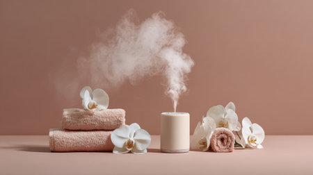 Explore a tranquil arrangement featuring soft towels, a soothing diffuser, and delicate flowers, creating the perfect atmosphere for relaxation and self-care.の素材