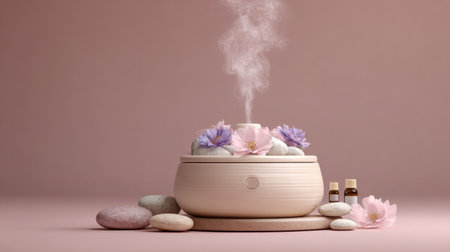 A tranquil arrangement featuring an aromatherapy diffuser surrounded by delicate flowers and essential oil bottles, promoting relaxation and serenity.の素材