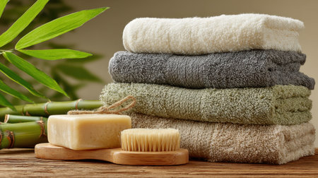 This serene image features neatly stacked plush towels, a natural bar of soap, and a soft brush on a wooden surface, surrounded by bamboo. Perfect for wellness themes.の素材