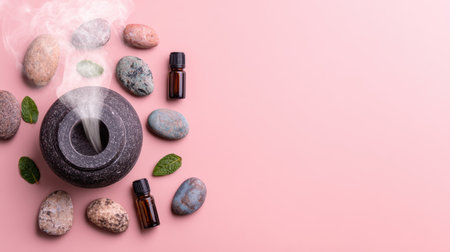 This serene image features an elegant aromatherapy diffuser surrounded by natural stones and essential oils, promoting relaxation and wellness in any space.の素材
