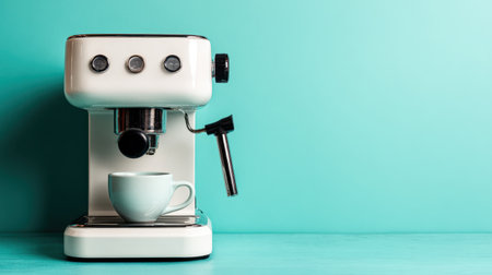 A sleek espresso machine sits on a turquoise background, accompanied by a delicate coffee cup, showcasing modern design and inviting coffee culture.の素材
